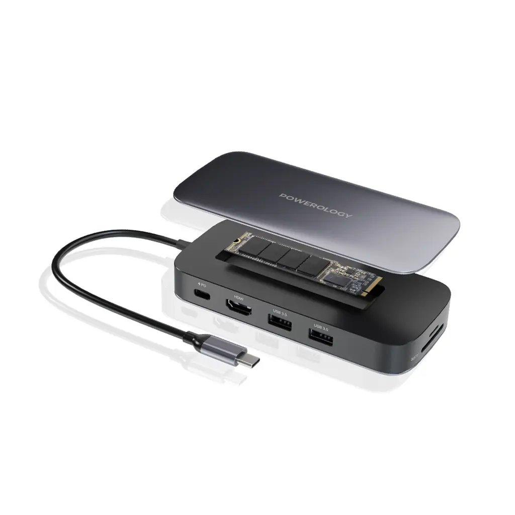 Powerology 512GB USB-C Hub & SSD Drive All-in-one Connectivity & Storage PD 100W - Gray.webp