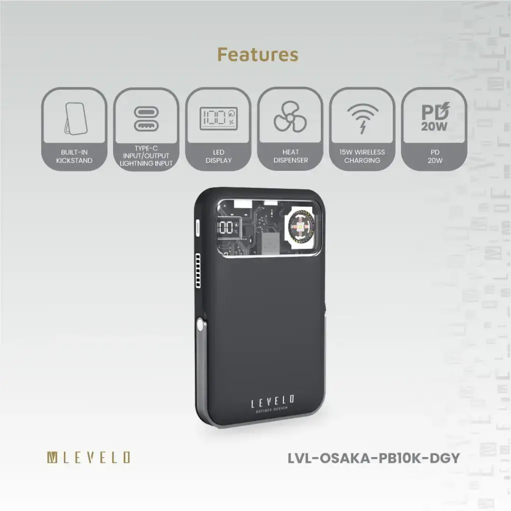 Levelo Osaka Portable 10000mAh Power Bank -  Dark Grey (6).webp
