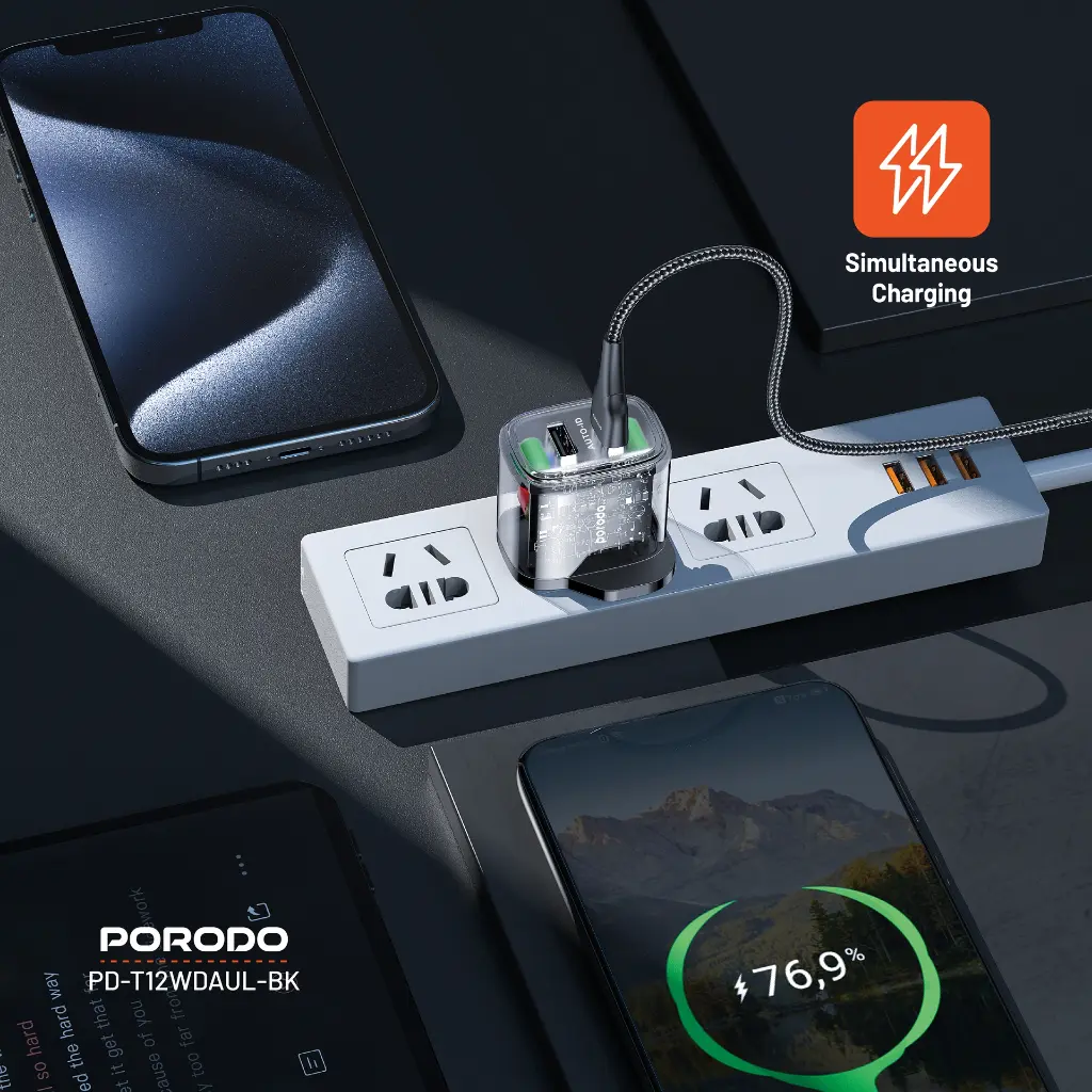 Porodo Dual Output Transparent Charger 2.4A UK with USB-A to Lightning Cable 1.2M - Black (3).webp