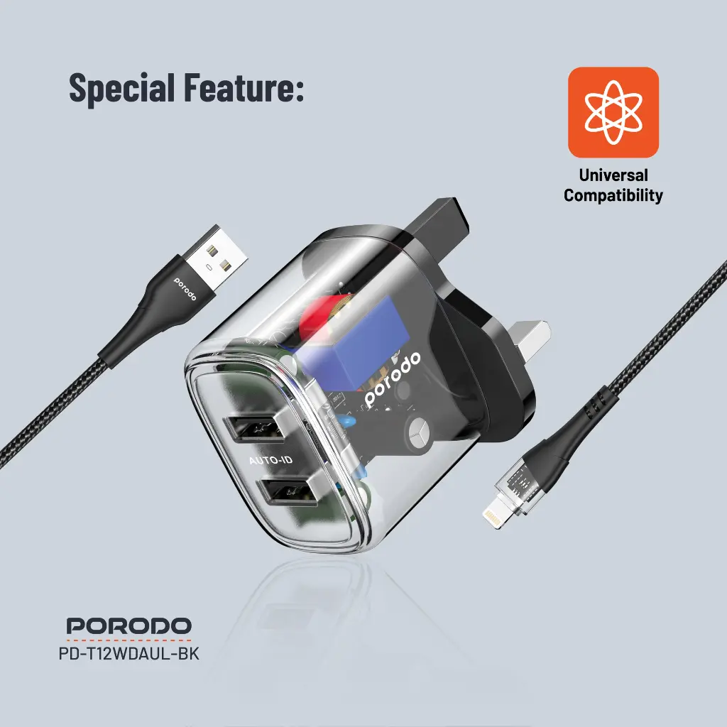 Porodo Dual Output Transparent Charger 2.4A UK with USB-A to Lightning Cable 1.2M - Black (1).webp