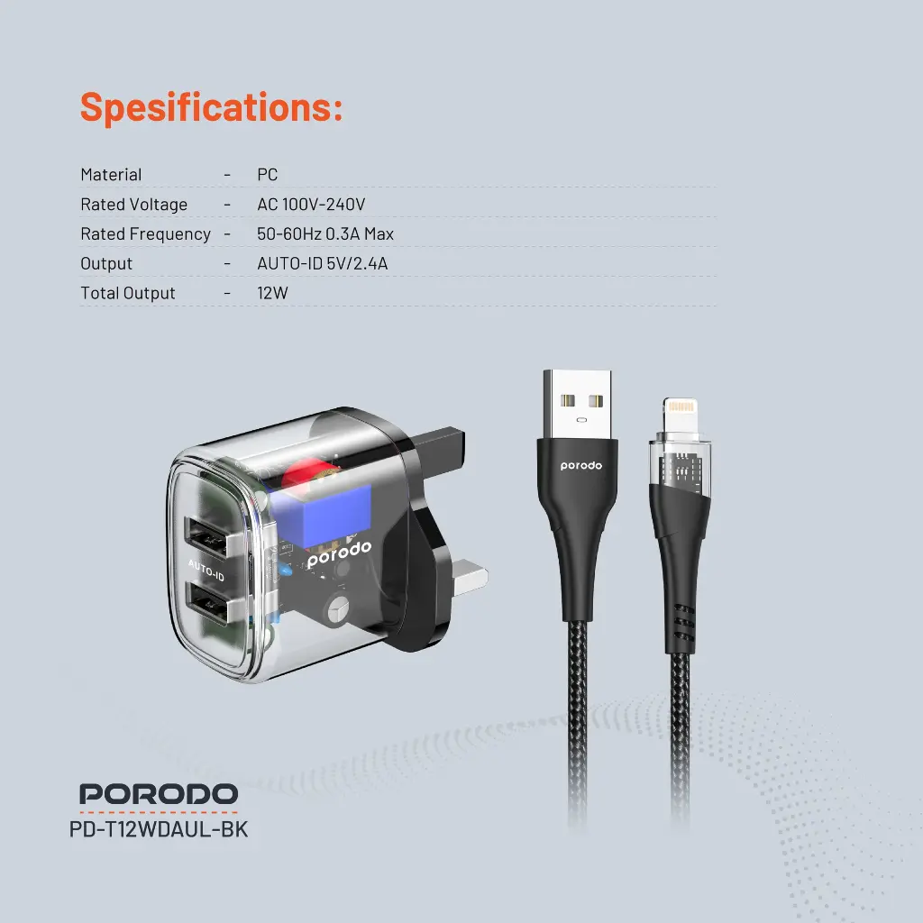 Porodo Dual Output Transparent Charger 2.4A UK with USB-A to Lightning Cable 1.2M - Black.webp