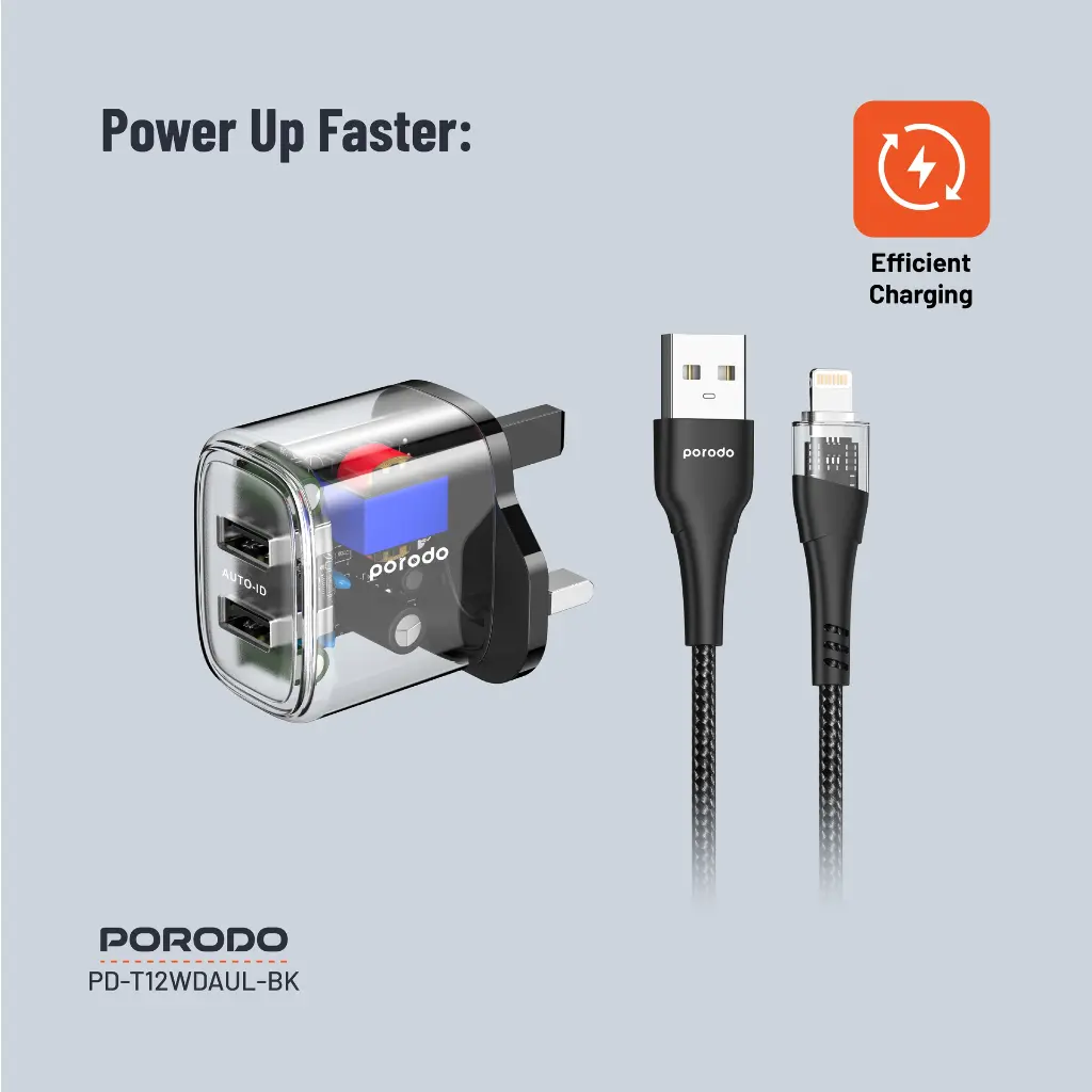 Porodo Dual Output Transparent Charger 2.4A UK with USB-A to Lightning Cable 1.2M - Black (2).webp