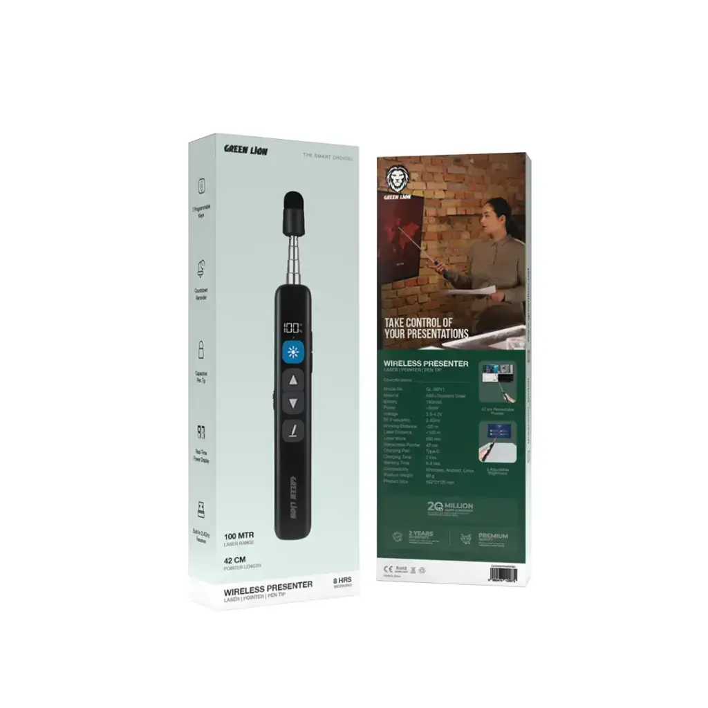 Green Lion Wireless Presenter with Retractable Pointer - Black.webp