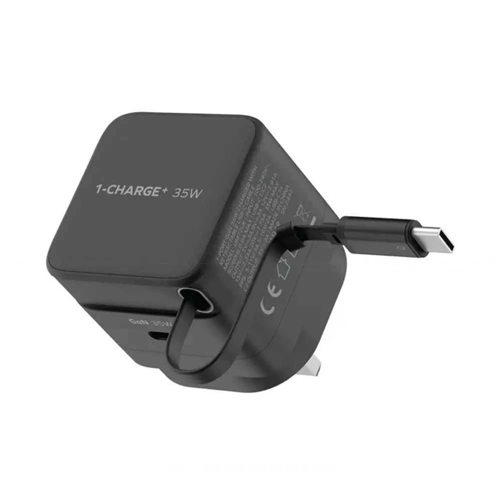 [UM72UKD] Momax 1-Charge+ & 1-Port 35W GaN Charger with Retractable USB-C Cable - UM72UK (Black)
