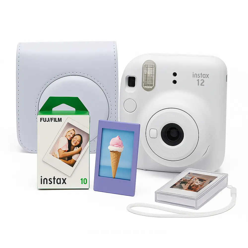 FujiFilm Instax Mini 12 Instant Camera (Clay White) Bundle with Camera Case, 10-Shot Film Pack, Photo Album, and Photo Storage Case.
