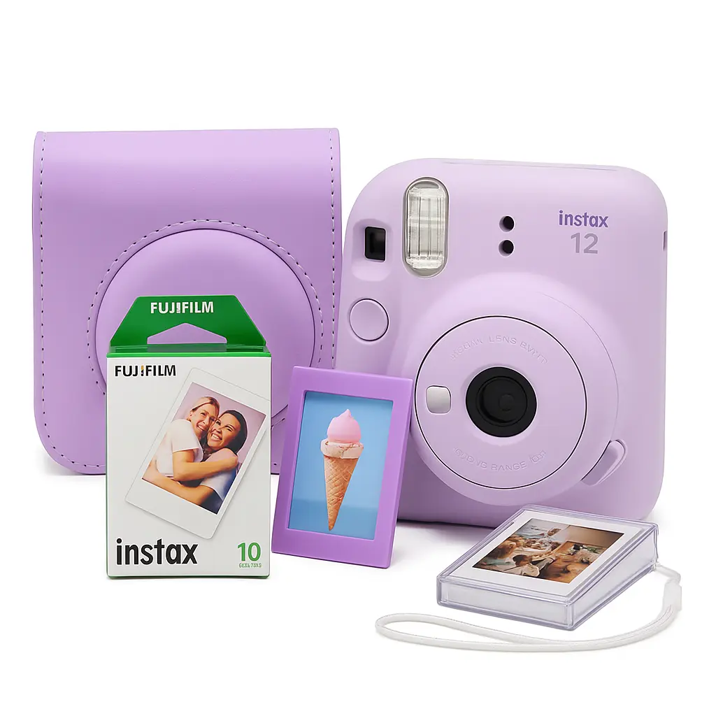 FujiFilm Instax Mini 12 Instant Camera (Lilac Purple) Bundle with Camera Case, 10-Shot Film Pack, Photo Album, and Photo Storage Case.