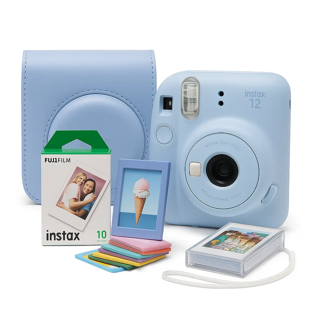 FujiFilm Instax Mini 12 Instant Camera (Pastel Blue) Bundle with Camera Case, 10-Shot Film Pack, Photo Album, and Photo Storage Case.