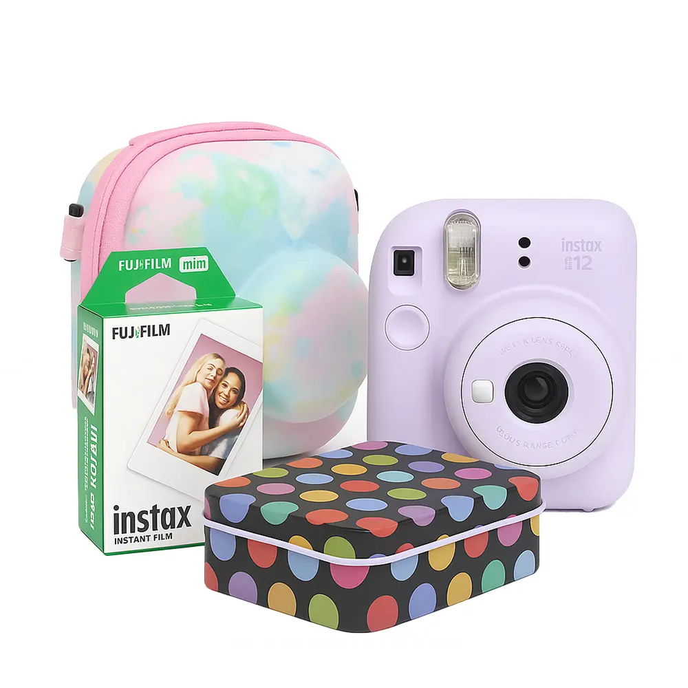 FujiFilm Instax Mini 12 Instant Camera (Lilac Purple) "Memories Mini" Bundle with Colorful Bag, 10-Sheet Film Pack, and Mini Photo Box.