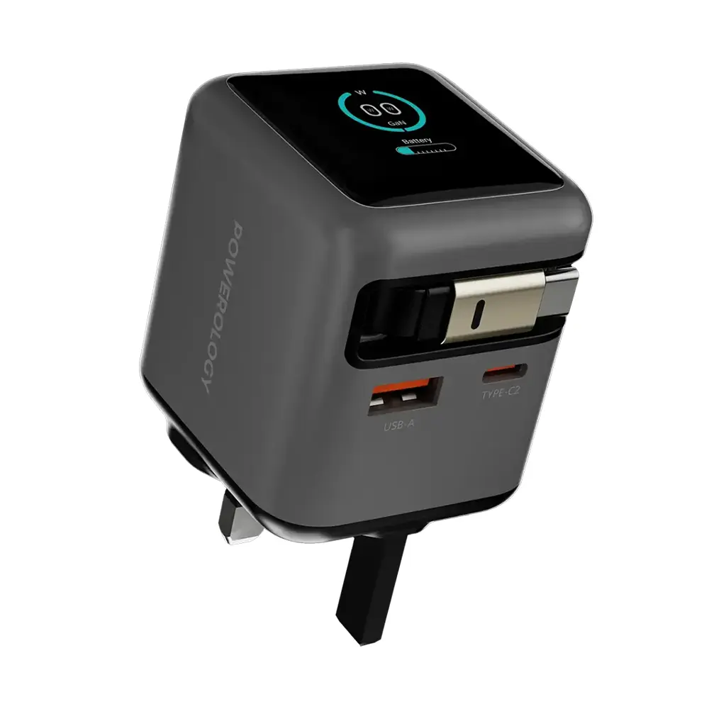 [PWCUQC051GY] Powerology Halo Dual-Port GaN Charger with Retractable Cable (Grey)