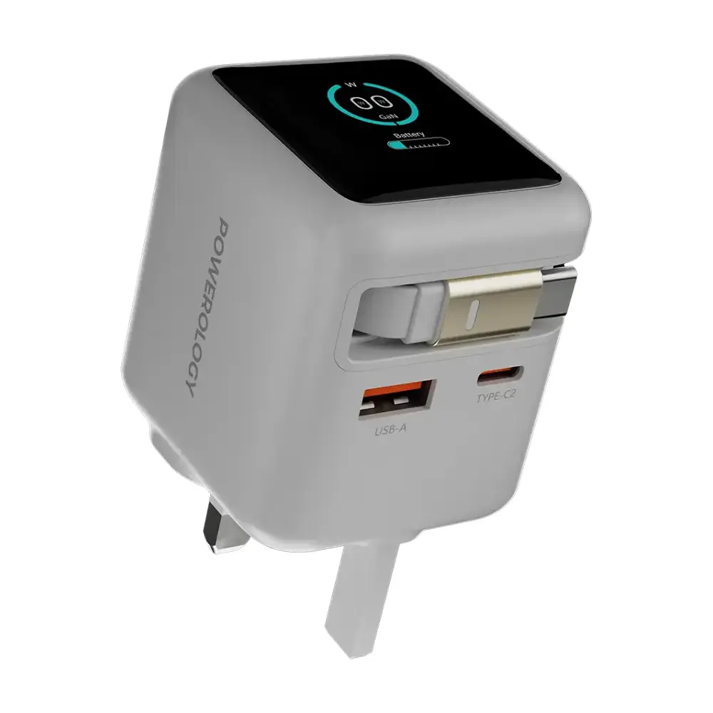 [PWCUQC051WH] Powerology Halo Dual-Port GaN Charger with Retractable Cable (White)