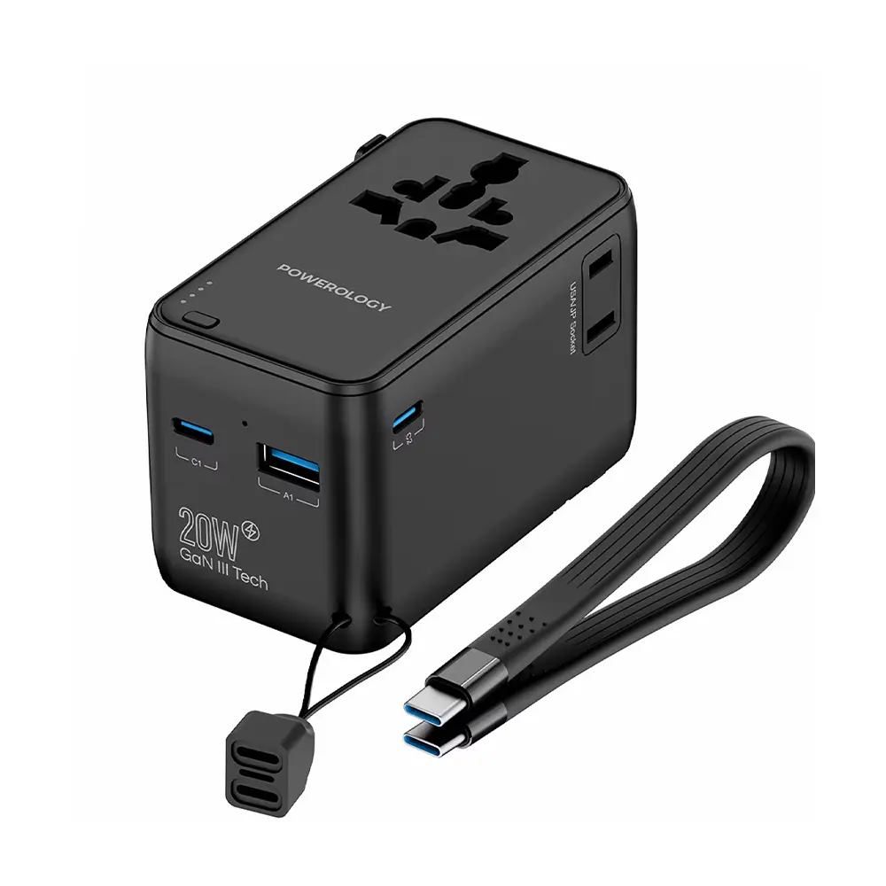 Powerology 2,500W Universal Travel Adapter with 4,000mAh Power Bank - Black 