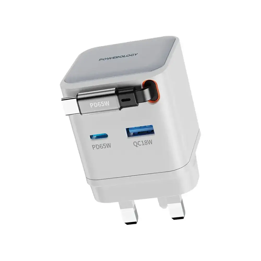 [PWCUQC032WH] Powerology Dual Output Retractable GaN Charger