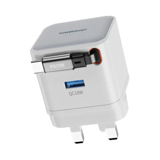 [PWCUQC032WH] Powerology Dual Output Retractable GaN Charger