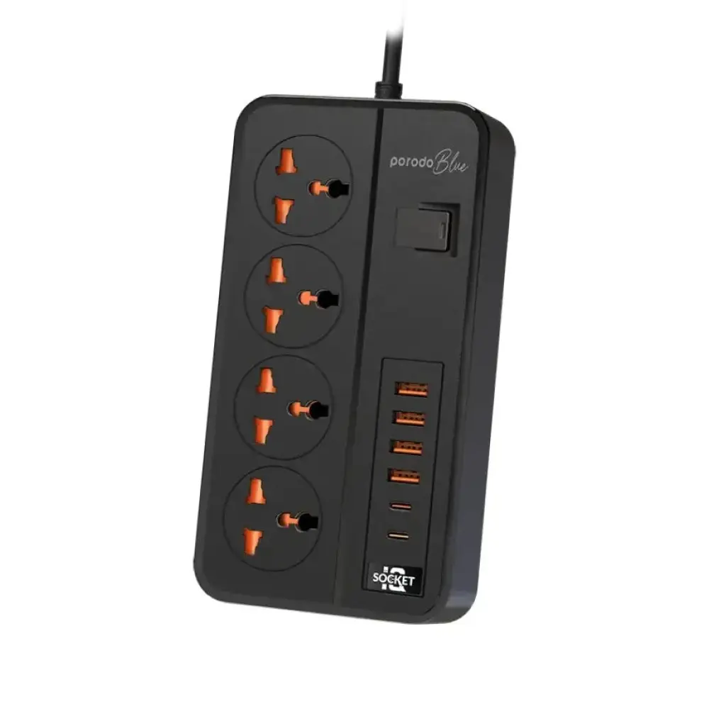 Porodo Blue 4 AC Power Socket With X4 USB-C X2 USBA Port UK (3m wire) - Black