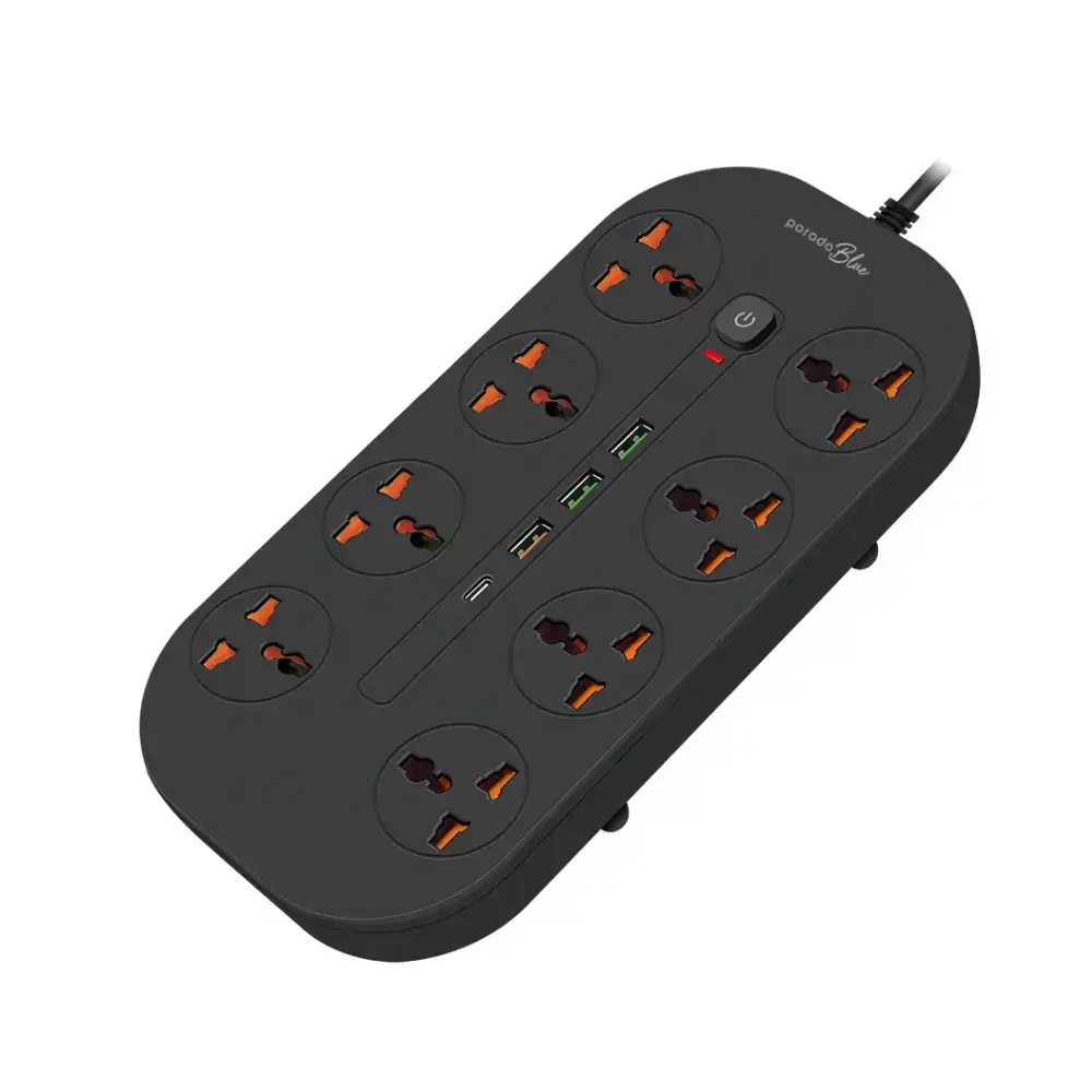 [PBFWCH035BK] Porodo Blue 8 AC Power Socket With X1 USB-C X3 USB-A Port UK (3m wire) - Black