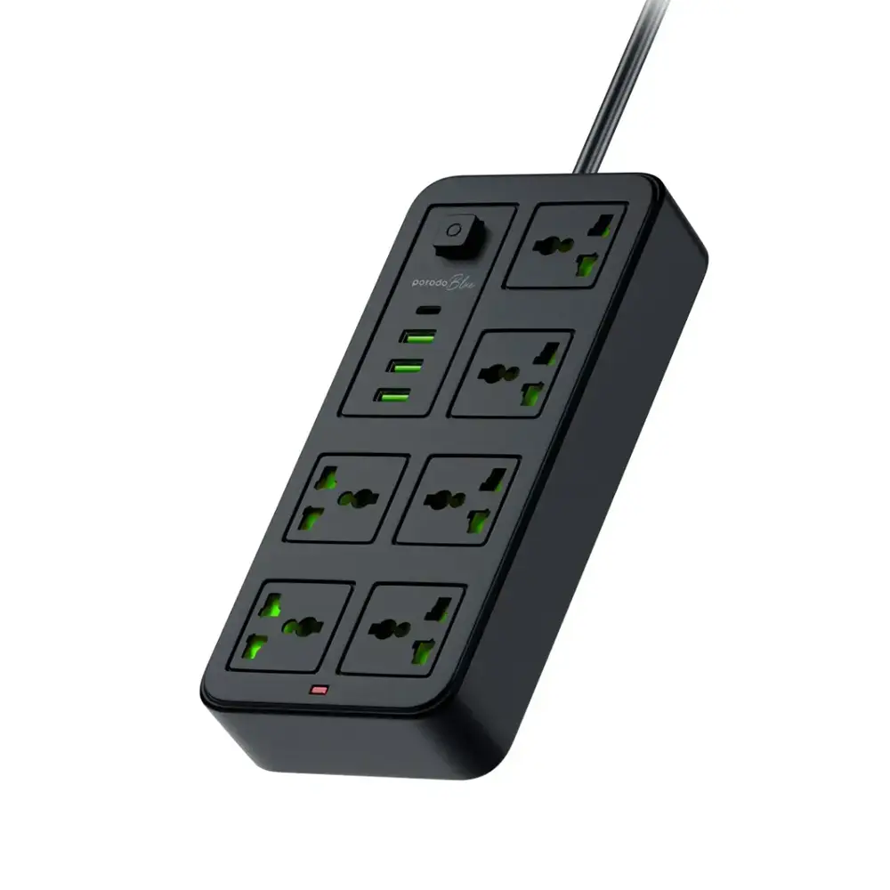 Porodo Blue 6 Universal Sockets Power Socket With Type-C, 3 USB-A (3m wire) UK - Black