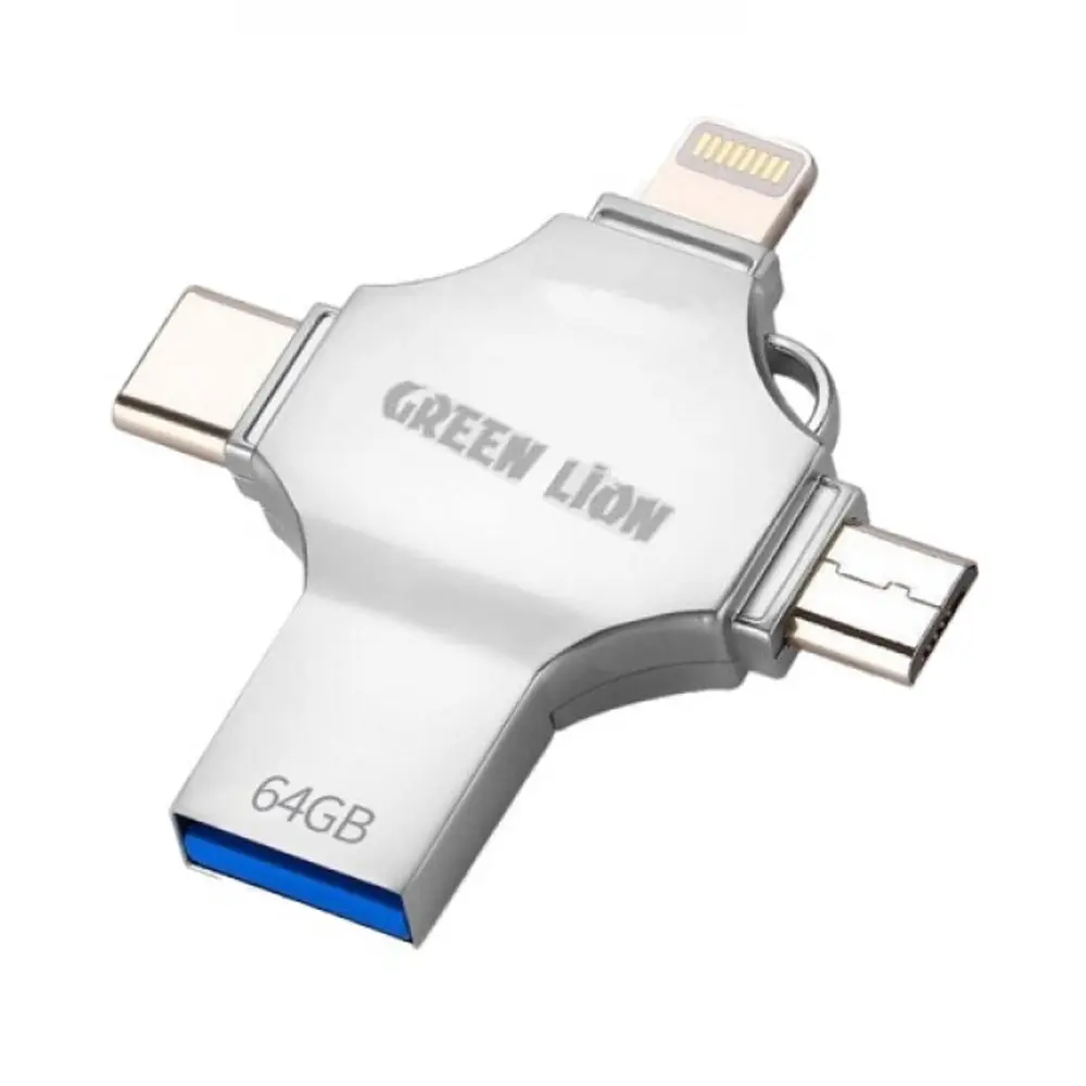 Green Lion 4-in-1 USB Flash Drive 64GB - Silver 