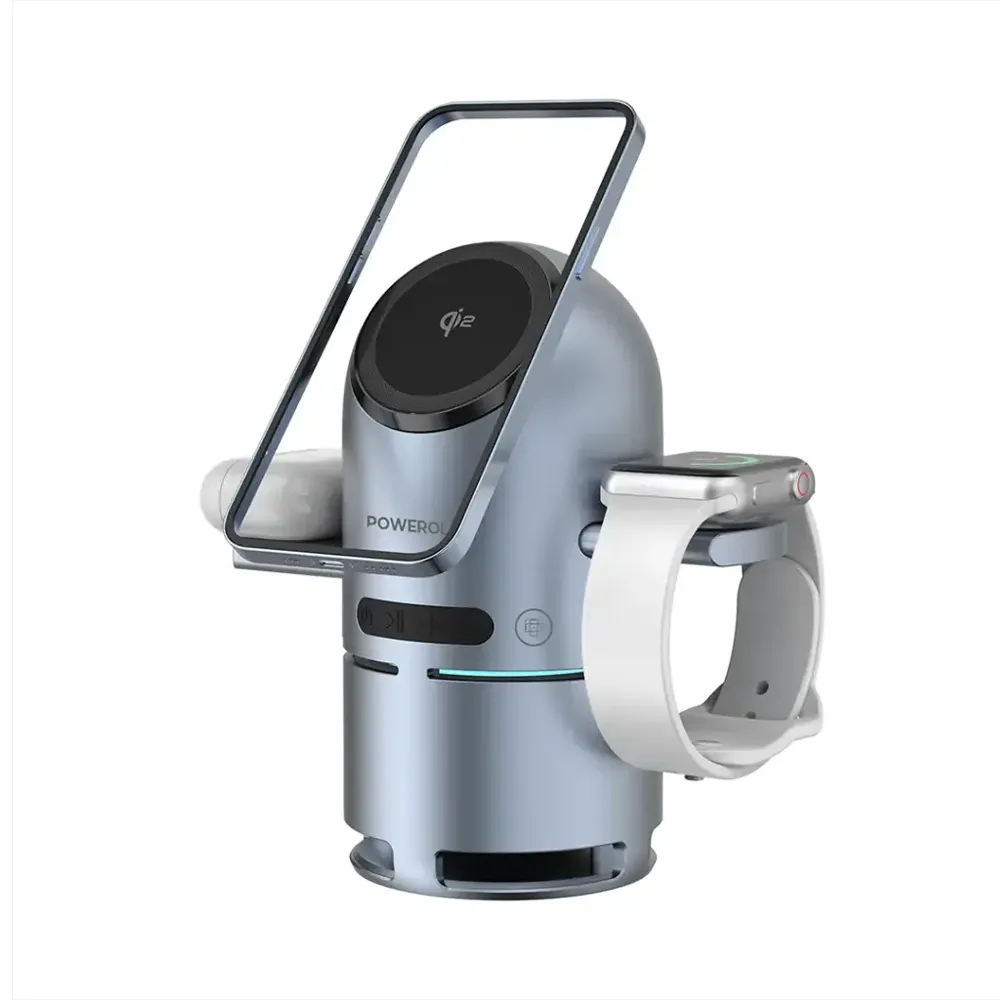 [9904781723268] Powerology Qi2 Speaker Charge Station with Speaker & Touch Button 1000mAh - Gray - PWCUQC039