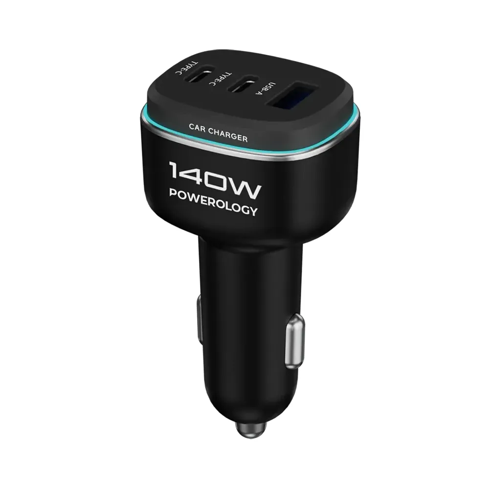 [PCCSR025BKGYC] Powerology 140W Triple-Port High-Power Car Charger with C to C Cable - Black/Grey 