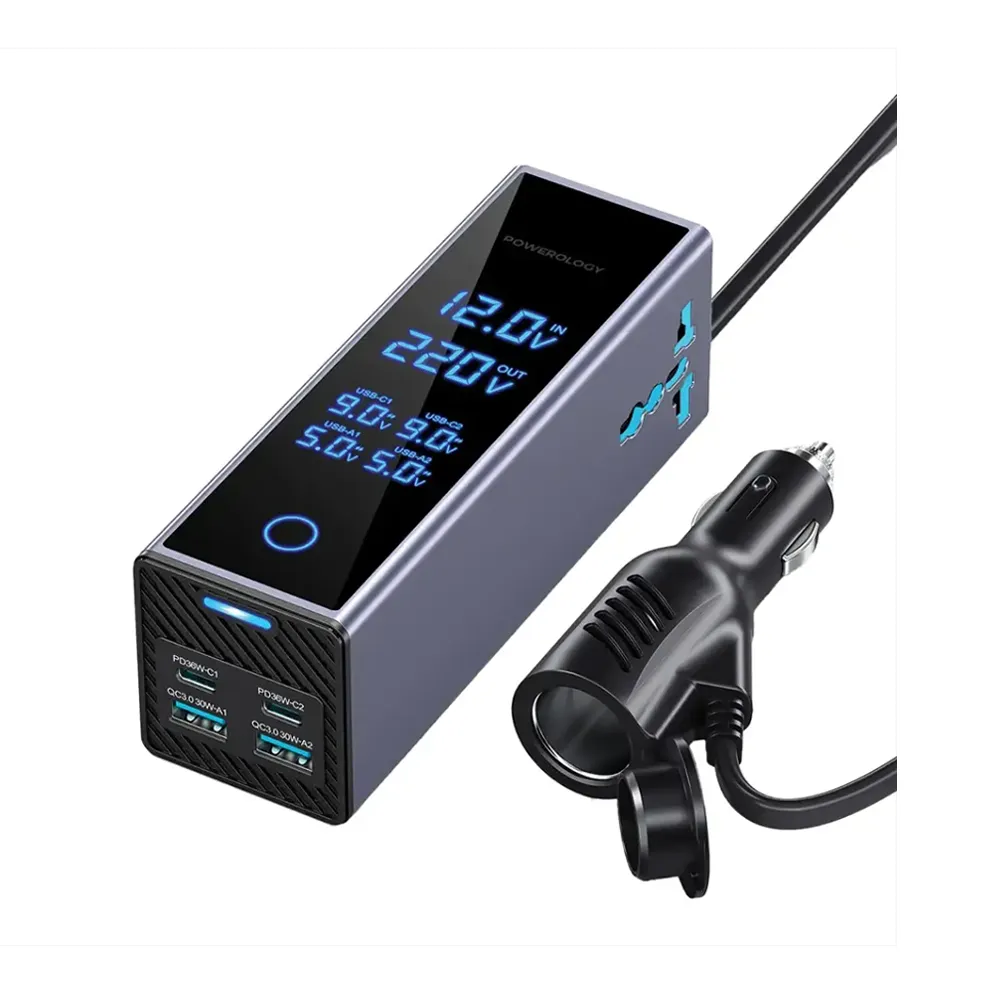 Powerology 200W Car Power Inverter With Universal AC Socket and Type C Retractable Cab