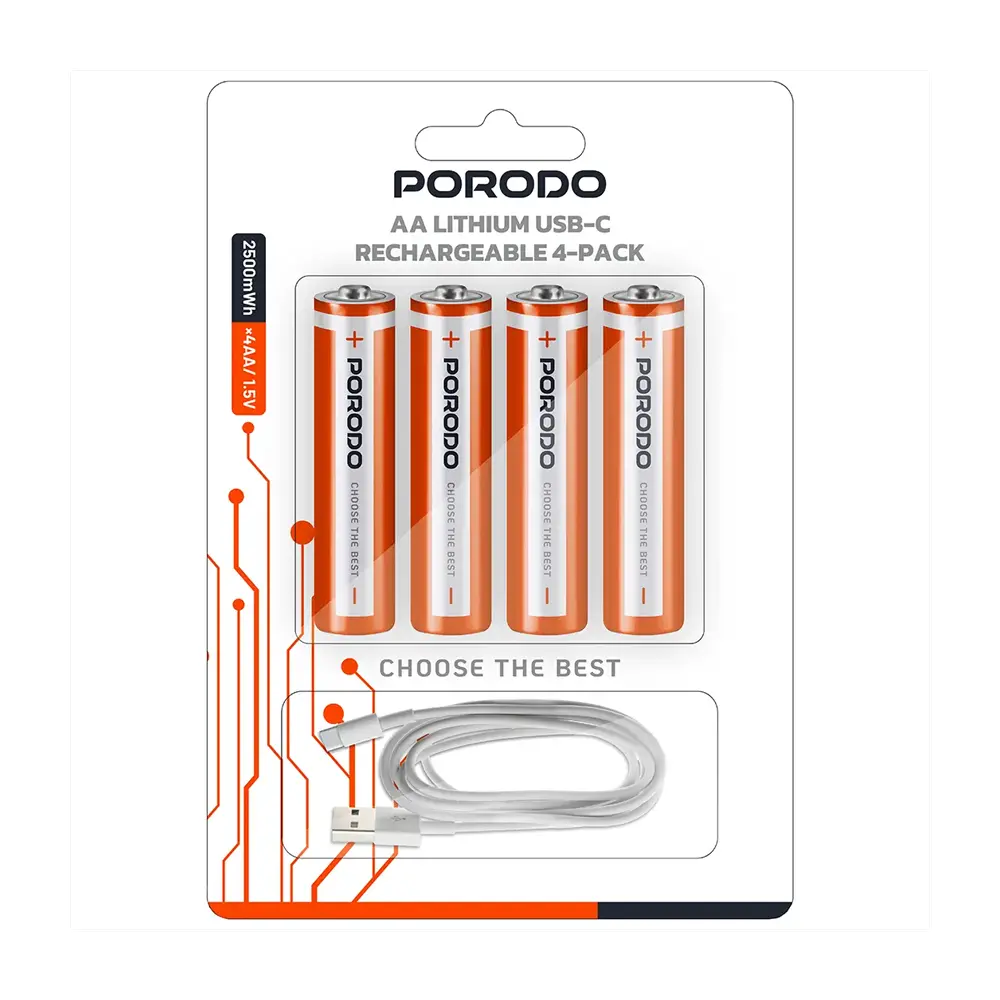 Porodo AA Lithium USB-C Rechargeable 4-Pack - White/Orange 