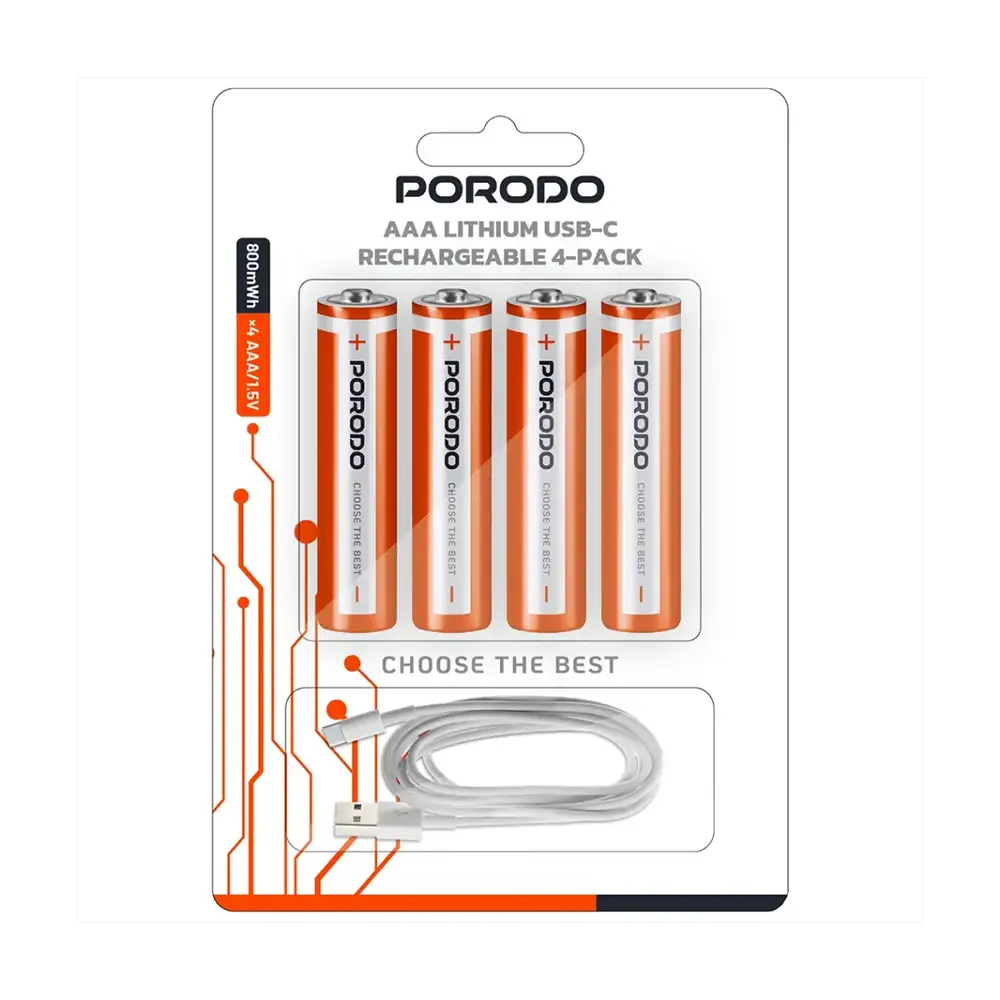 Porodo AAA Lithium USB-C Rechargeable 4-Pack - White/Orange