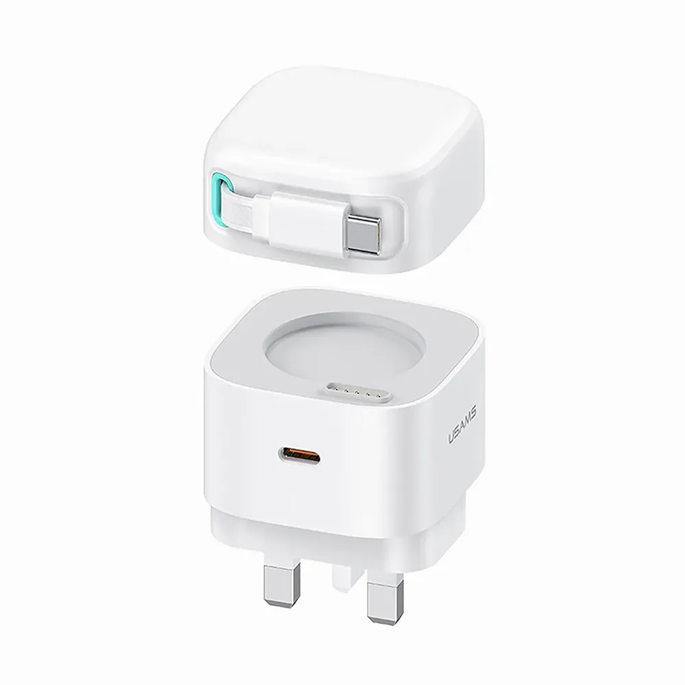 USAMS US-CC204 XMF Series PD 35W Dual Output GaN Fast Charger with Type-C Magnetic Retractable Cable Module, UK Plug - White
