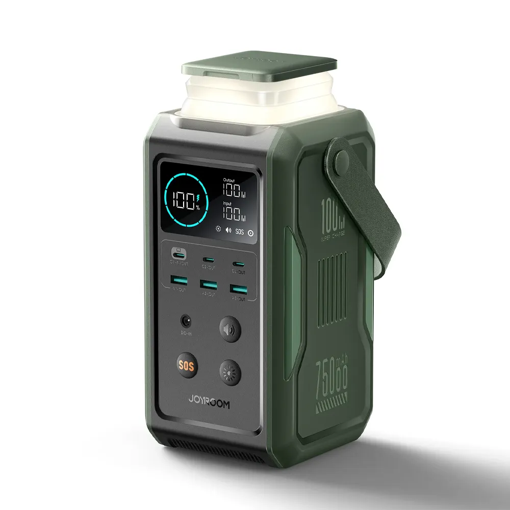 Powerbank Joyroom 75000mAh 100W 3x USB-C 3x USB-A with foldable flashlight and handle - green