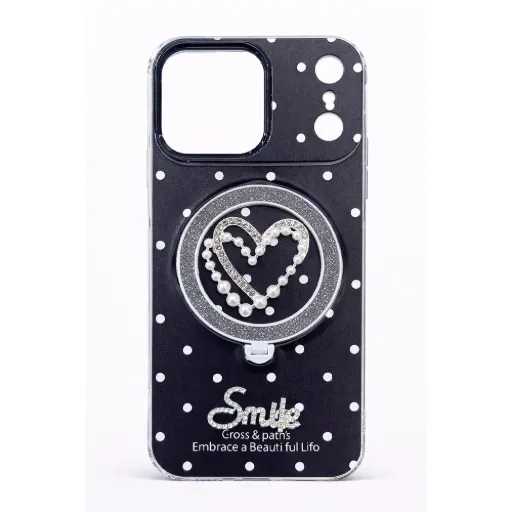 WOMEN IP 17PM CASE WITH RING GRIP-SMILE DOT DESIGN (Black)