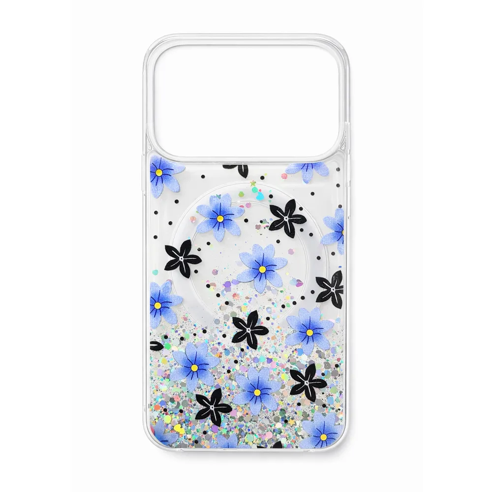 Blue Floral Glitter Magsafe Protective Case for iP 17 Pro Max