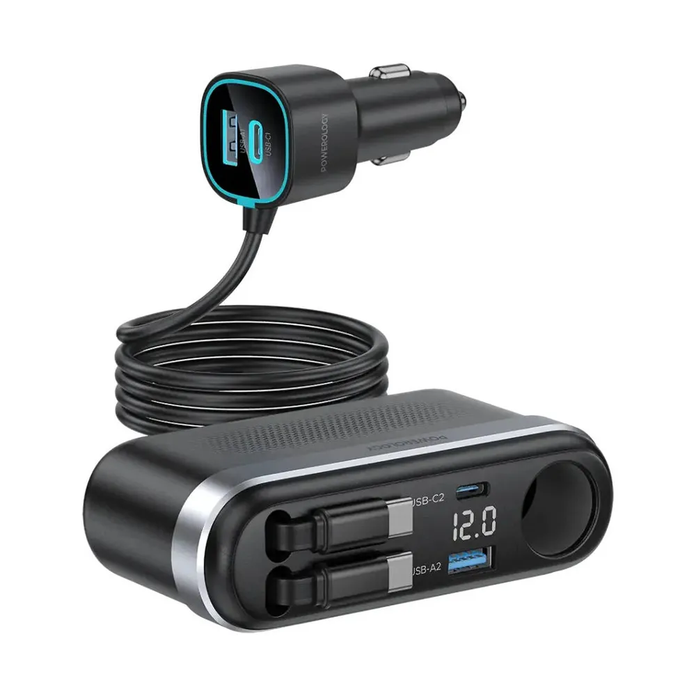 Powerology Currnex Car Charger with Car 12v Socket & retractable cable x2 - Black