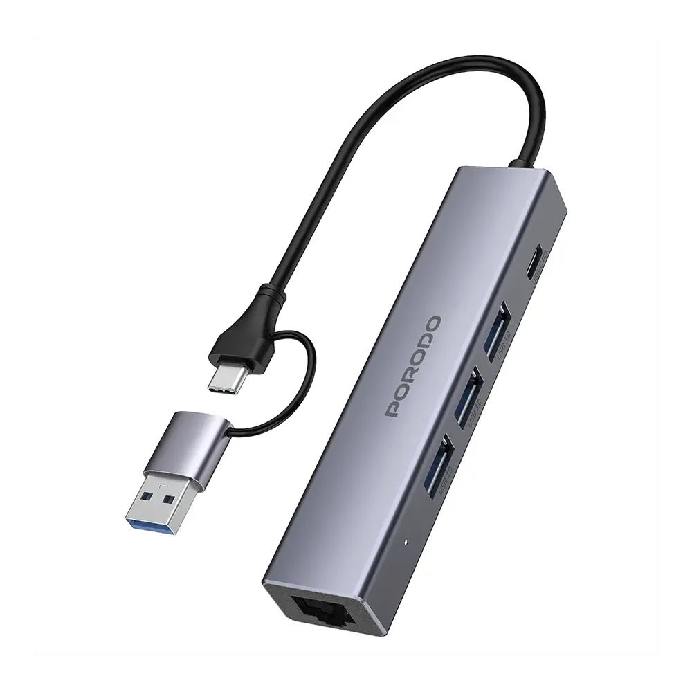 Porodo 5-1 Hub with Interchangable Heads PD100w 1000M RJ45 - Grey