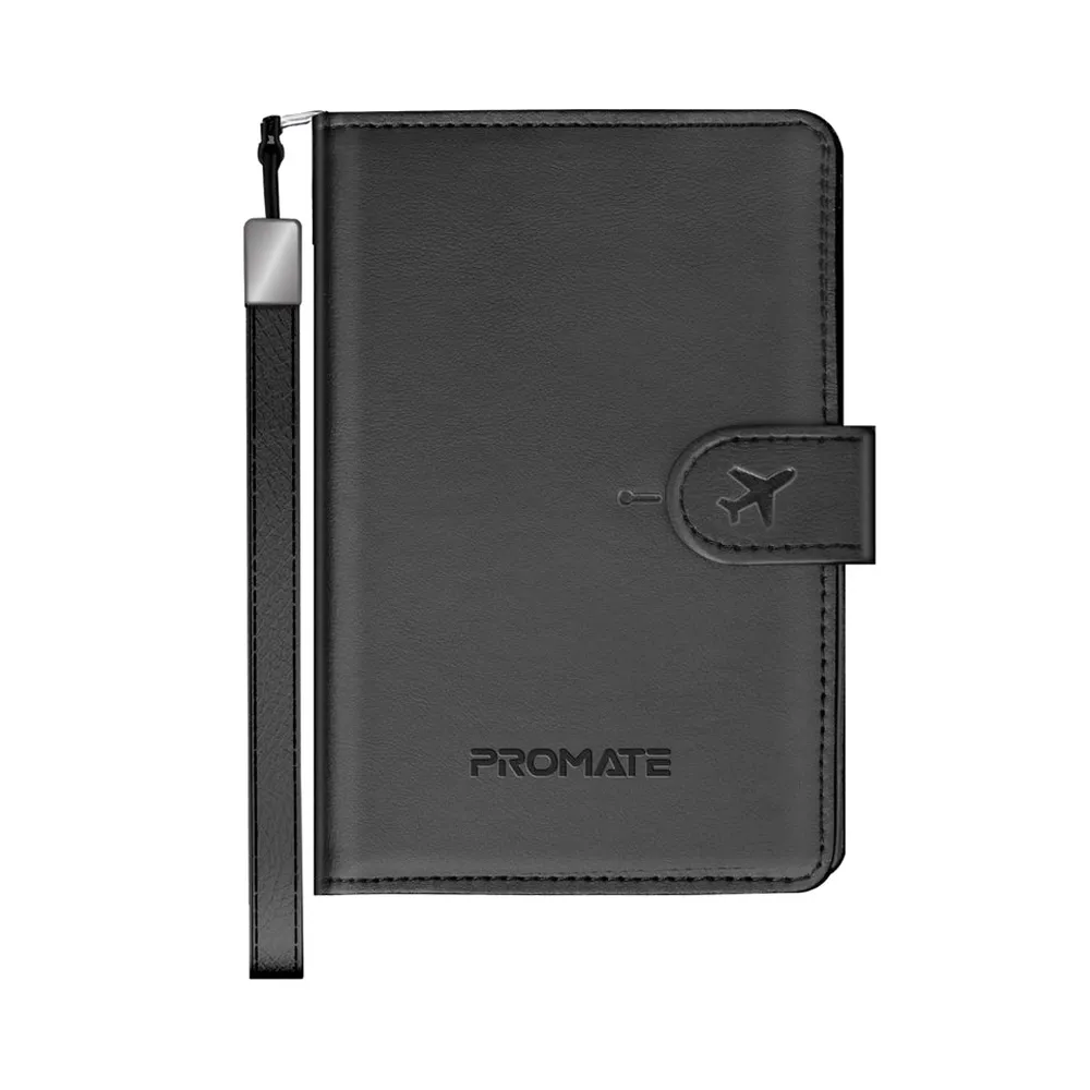 [PassMate.Black] Promate Passmate Smart Leather Passport Holder With Rfid Protection, Apple Find My Global Tracker (Black)