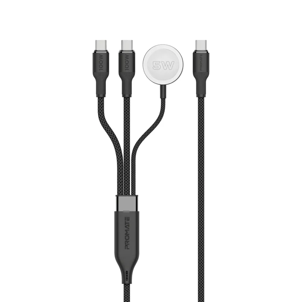 Promate Fusion-CCW 100W High-Speed Nylon Braided Multi-Device Charging Cable with Apple Watch Charger (Black)