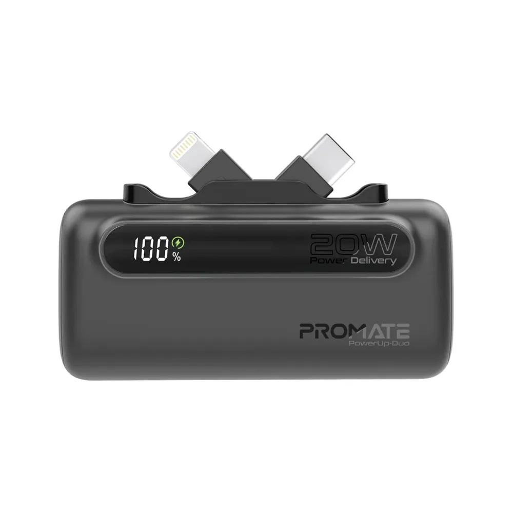 Promate Ultra Compact Fast Charging Power Bank Dual Foldable USB-C & Lightning Connectors-POWERUP-DUO (Black)