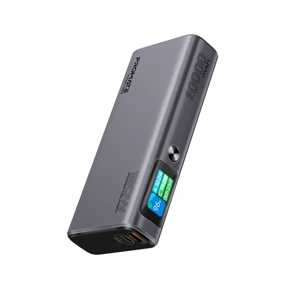 Promate 20,000mAh Sleek 130W Multi-Port Power Delivery Power Bank with TFT LCD Screen