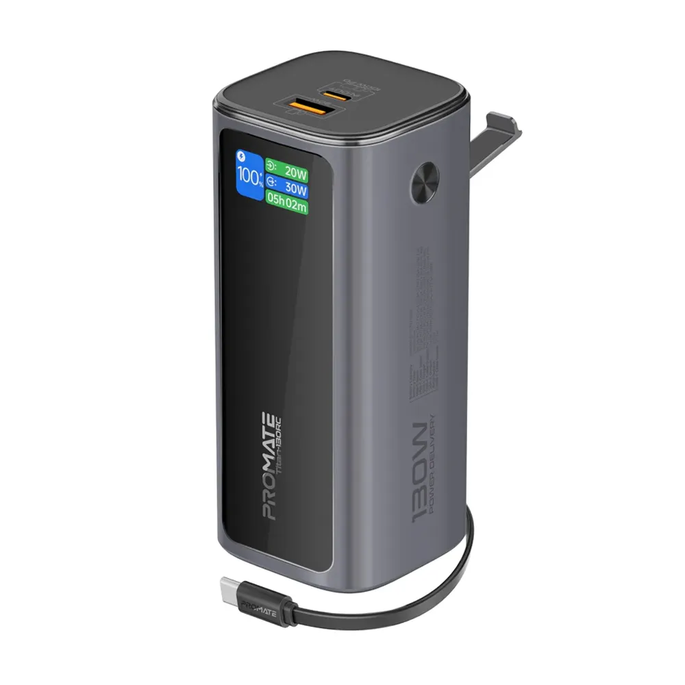 Promate Ultra Compact 130W Multi-Port Power Bank with Retractable USB-C Cable & TFT LCD Screen
