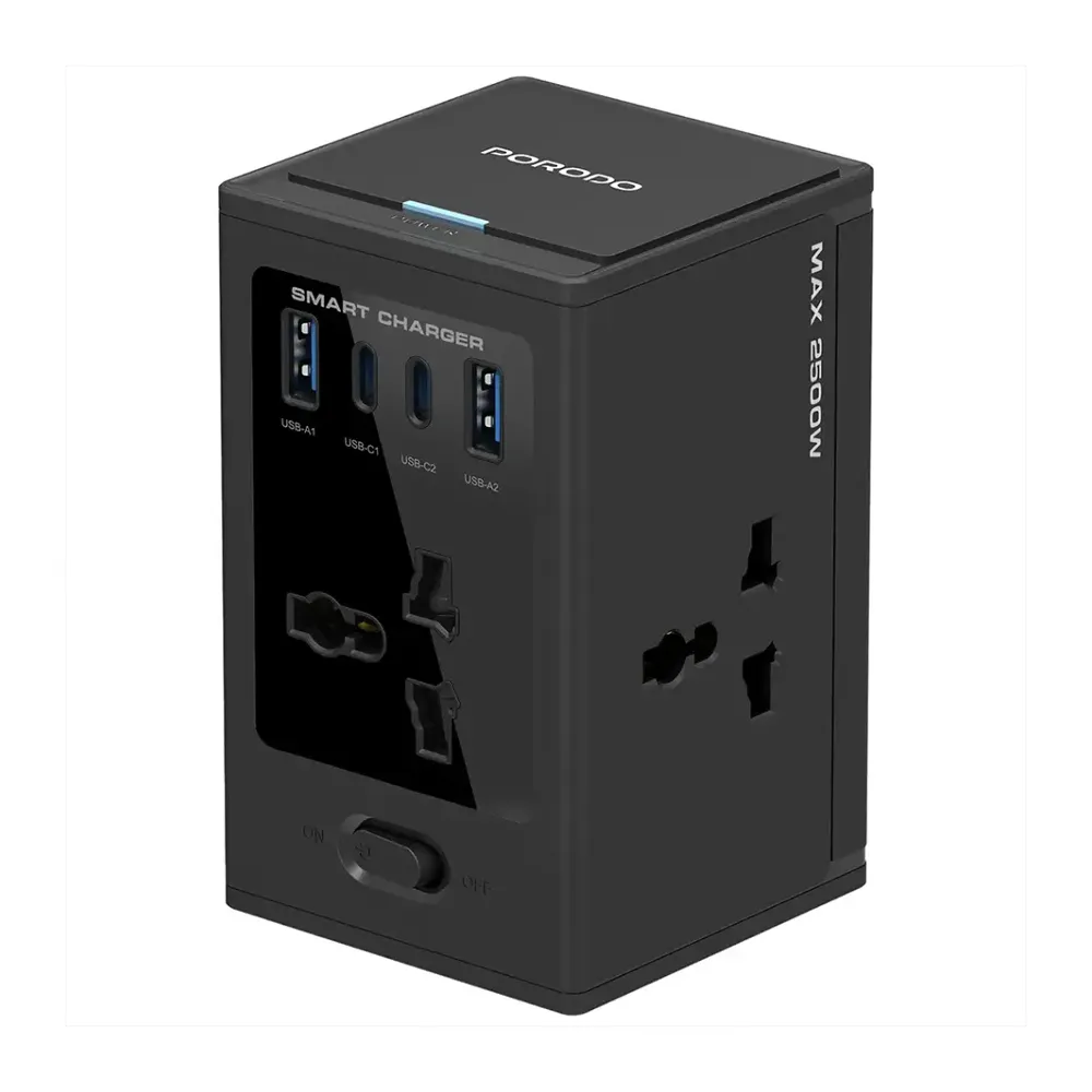 Porodo Universal GaN Multi-Port Cube Adapter with 4 AC Sockets - Black