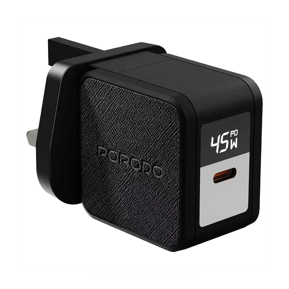Porodo Quantum GaN 45W USB-C Wall Charger with Digital Display - Black