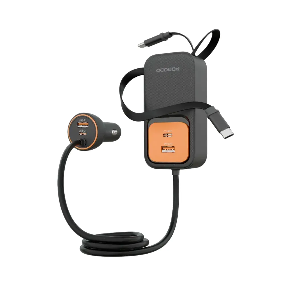Porodo ENZO MULTI-PORT CAR CHARGER Dual 70cm Retractable Cables - Black