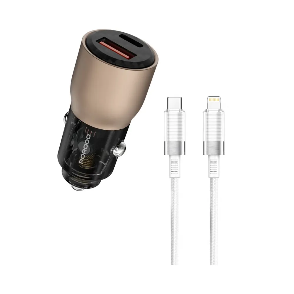 Porodo 95W Car Charger Transparent With 0.9M Lightning Cable