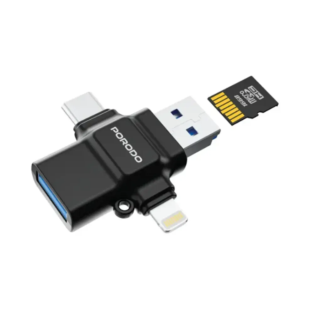 Porodo 4-in-1 OTG Adapter, TF Card Reader - Black