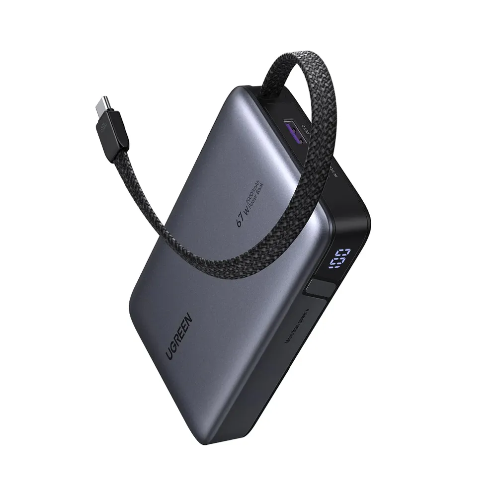 UGREEN Power Bank with Built-in Cable (67W)-20K-Gray