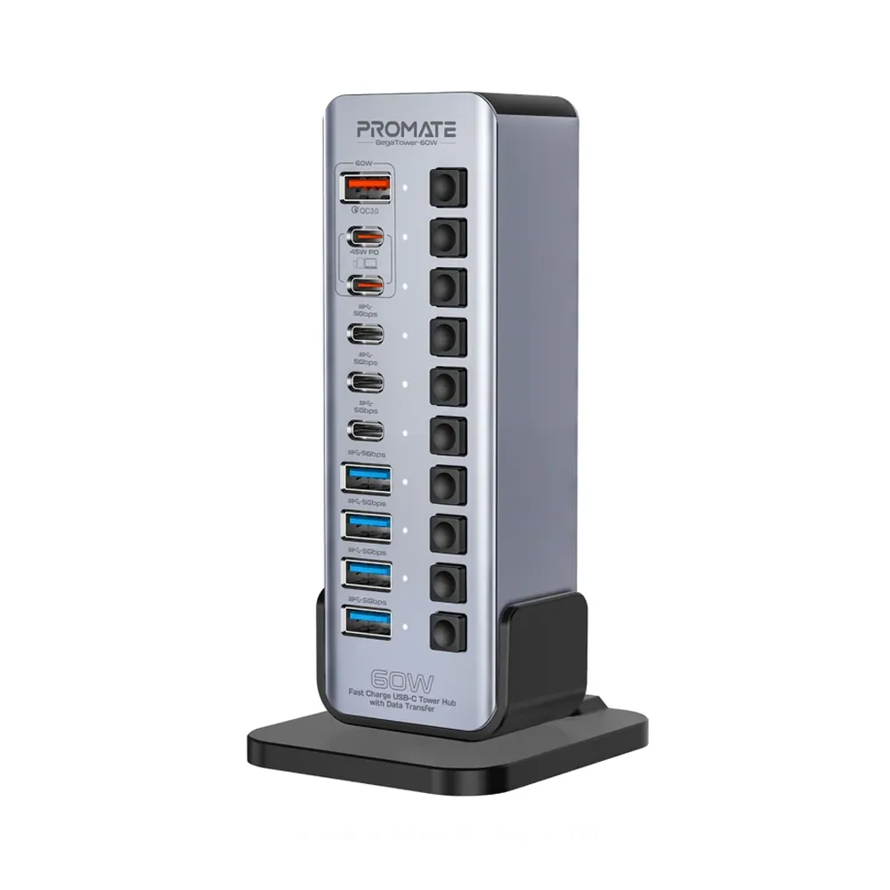 Promate GegaTower-60W 14-in-1 Multiport 60W USB-C-Gray