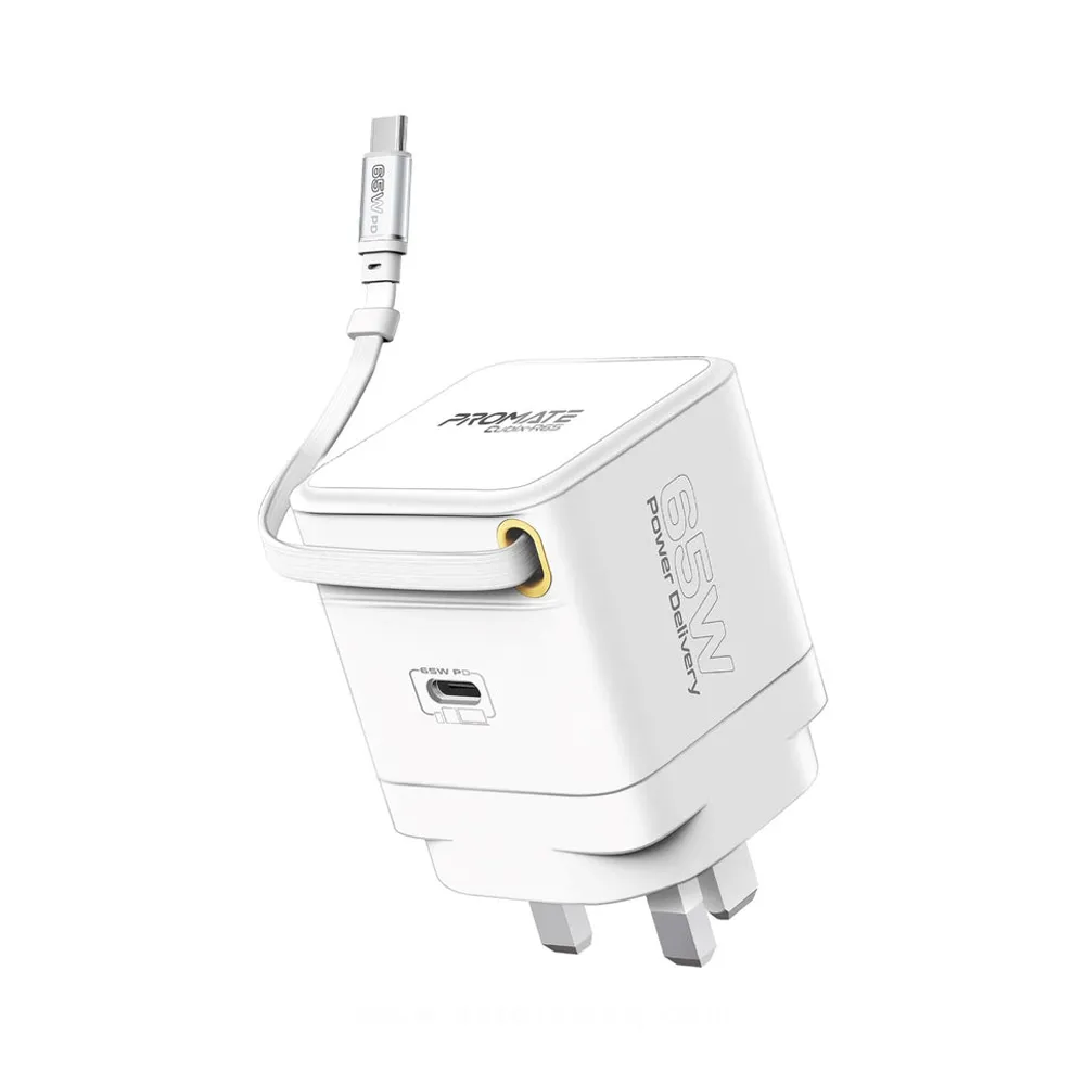 Promate Cubix-R65 Wall Charger, Built-In 65W Power Delivery Retractable Cable