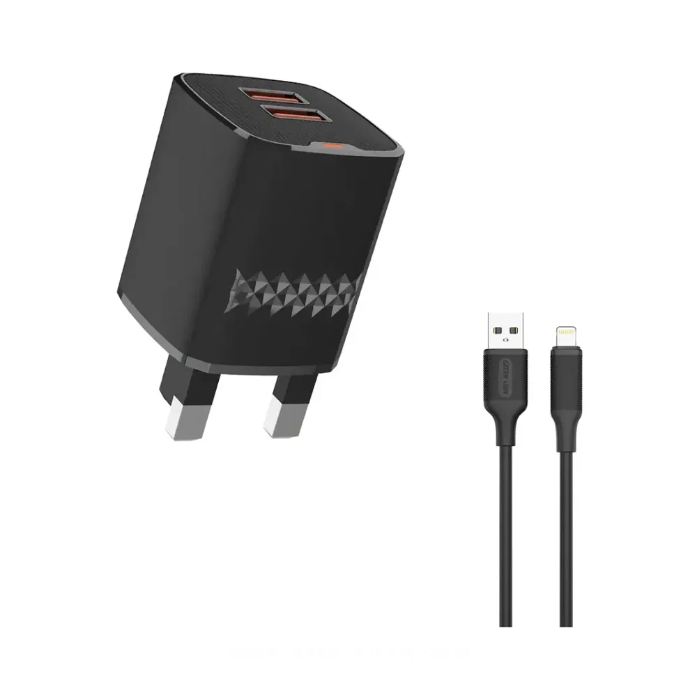 Green Lion Wall Charger with 2 USB-A Ports and 1m USB-A to Lightning Cable.