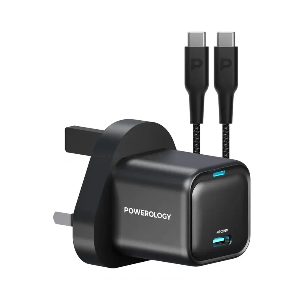 Powerology 20W Single C Port PD Charger UK with Type C to C 60W cable - Black