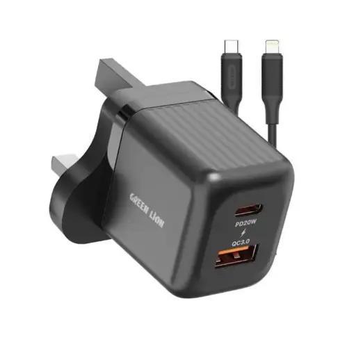 Green Lion Ultra Compact GaN Wall Charger UK Pin C to L PD20W + QC3.0 – Black