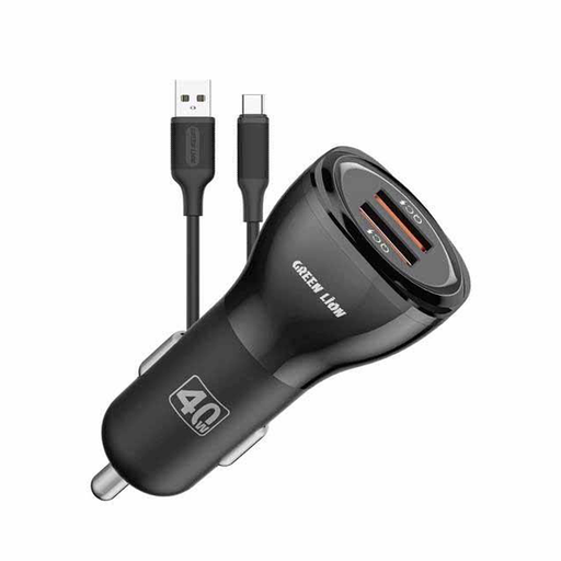 شاحن سيارة Green Lion مزدوج QC3.0 – بقوة 40 واط + كابل USB-A إلى USB-C بطول 1 متر