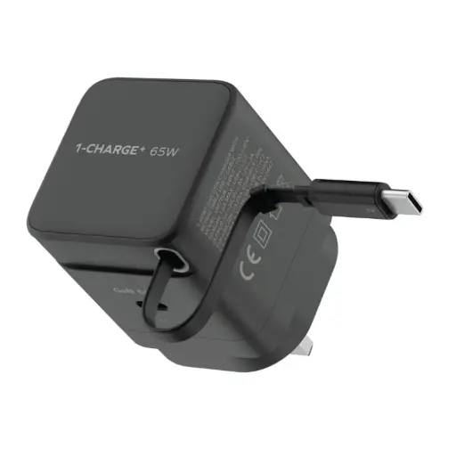 MOMAX 1-CHARGE 65W GAN 1 PORT CHARGER WITH BUILT-IN USB-C CABLE 